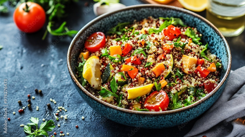 Quinoa salad with red bell pepper, squash, zucchini, tomato, lemon, and arugula. Quinoa salad with red bell pepper, squash, zucchini, tomato, lemon, and arugula.