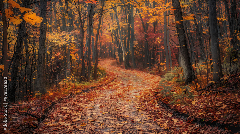 Fototapeta premium A road in a forest with leaves on the ground