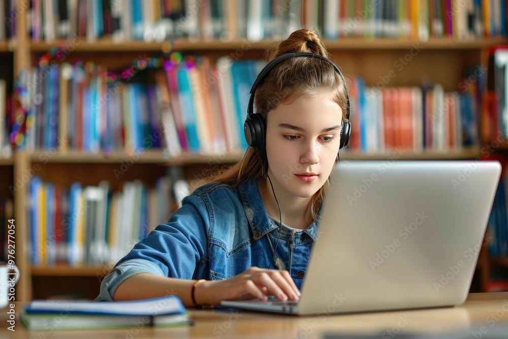 A girl is sitting at a desk with a laptop and headphones on, generative ai image A girl is sitting at a desk with a laptop and headphones on, generative ai image