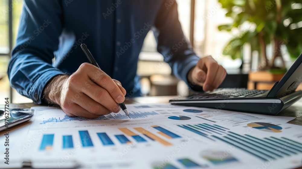A businessman analyzing graphs and performing calculations at his desk in the office A businessman analyzing graphs and performing calculations at his desk in the office