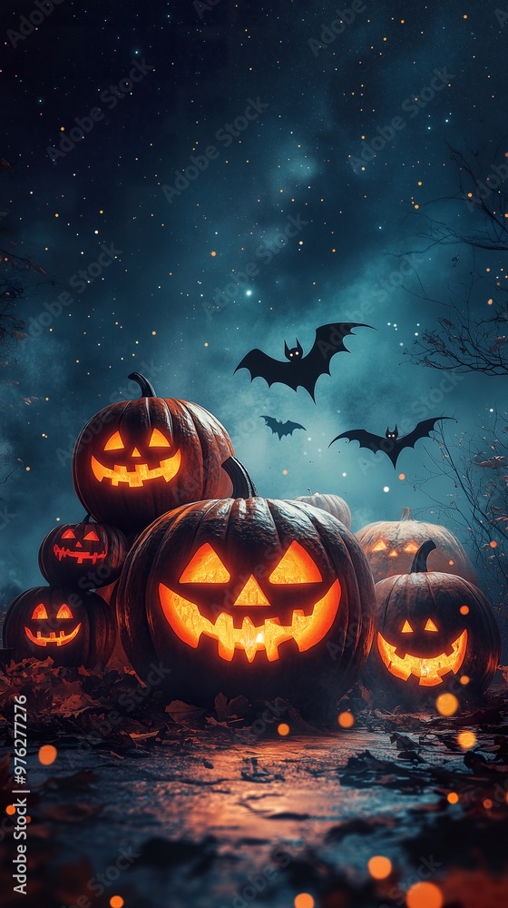Fototapeta premium Halloween haunted house scene with eerie Jack-o-lantern, flying bats, and spooky ghosts, perfect for creating a haunting atmosphere in seasonal marketing, ads design elements Halloween commercial.