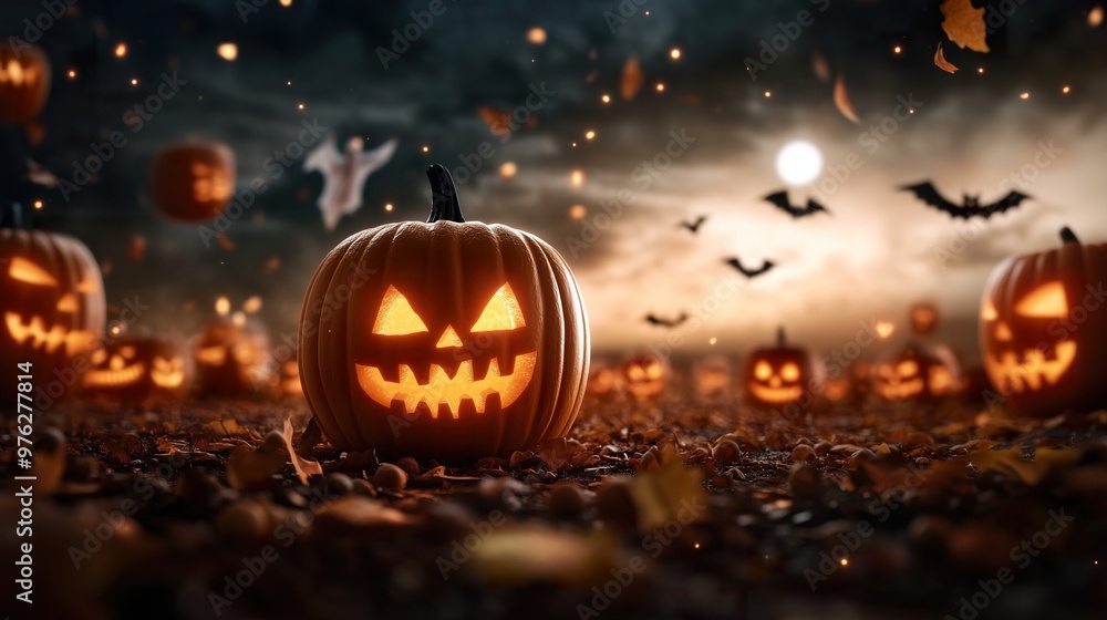 Naklejka premium Halloween spooky night with Jack-o-lanterns, ghosts, and bats for a Halloween commercial promotion.