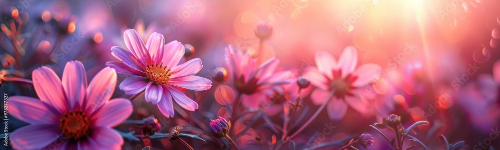 Purple flowers in a field with the sun shining through, plant background, banner, copy space Purple flowers in a field with the sun shining through, plant background, banner, copy space