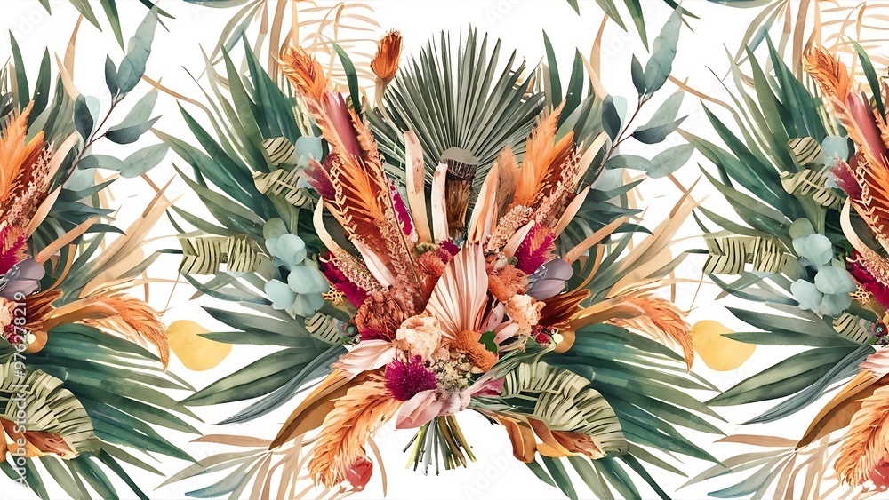 Fototapeta premium Watercolor boho dried tropical floral bouquets seamless pattern. Hand drawn floral set perfect for wedding invitation, fabric, textile, digital scrapbooking, greeting cards.