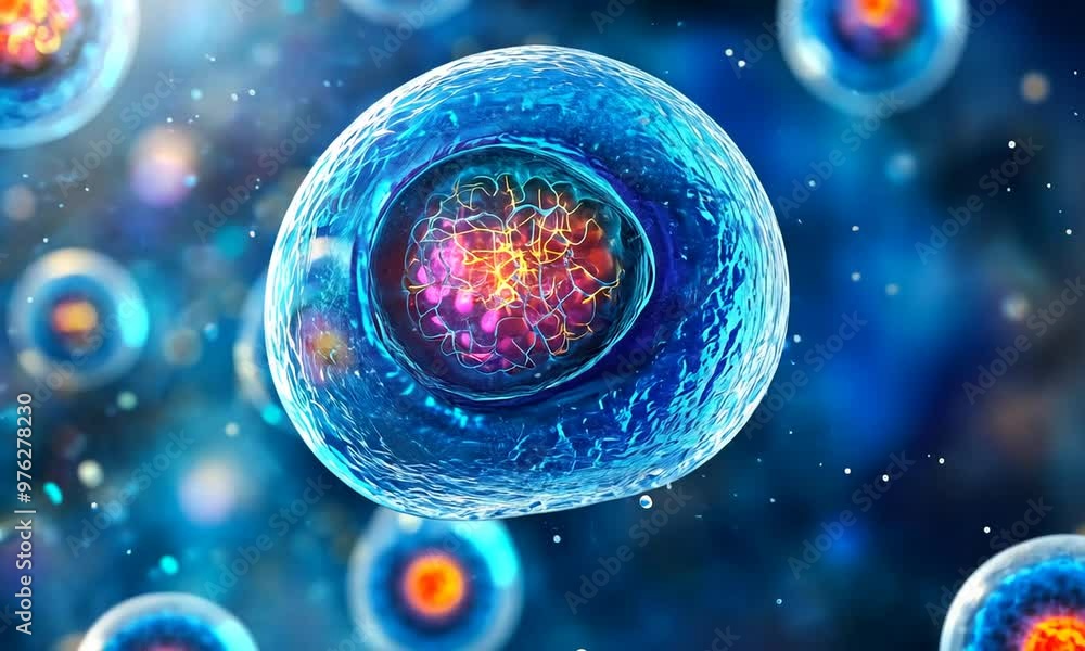3D representation of a human cell, with organelles that appear to be the nucleus and mitochondria, floating in a semi-transparent blue fluid, capturing the complex world of cellular biology 3D representation of a human cell, with organelles that appear to be the nucleus and mitochondria, floating in a semi-transparent blue fluid, capturing the complex world of cellular biology