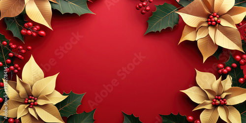 Festive Christmas background with golden poinsettias, red berries, and holly leaves, with copy space for text.