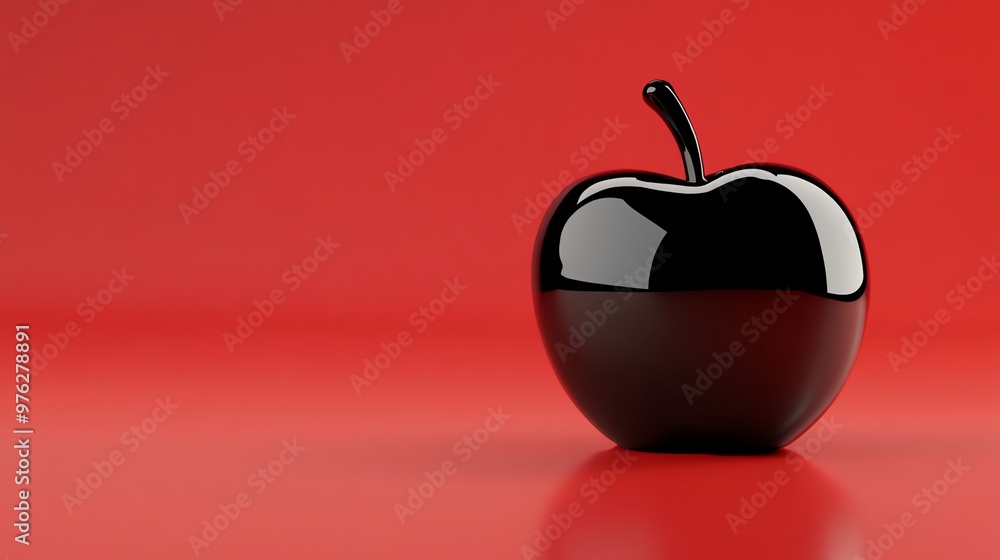 Obraz premium A black glossy apple on a red background.