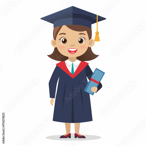 Female graduate student in gown with college certificate standing. High-quality photo on a white background. ultra-detailed, ultra-realistic photography