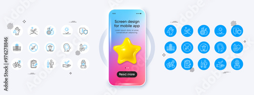 Nurse, Sun protection and Dermatologically tested line icons. Phone mockup with 3d star icon. Pack of No vaccine, Recovered person, Psychology icon. Vector