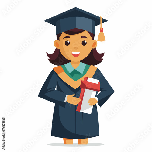 Female graduate student in gown with college certificate standing. High-quality photo on a white background. ultra-detailed, ultra-realistic photography