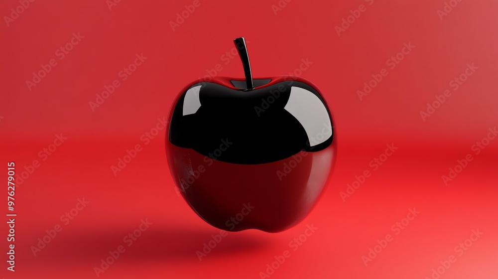 Obraz premium A single, black, glossy apple on a red background.