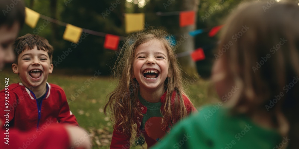 A group of children is playing outdoors with colorful triangular flags hanging in the background, capturing a moment of childhood joy and outdoor fun in a vibrant setting. A group of children is playing outdoors with colorful triangular flags hanging in the background, capturing a moment of childhood joy and outdoor fun in a vibrant setting.