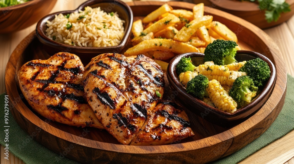 This plate features perfectly charred grilled chicken breast, lightly seasoned baby corn, and fresh steamed broccoli. This plate features perfectly charred grilled chicken breast, lightly seasoned baby corn, and fresh steamed broccoli.