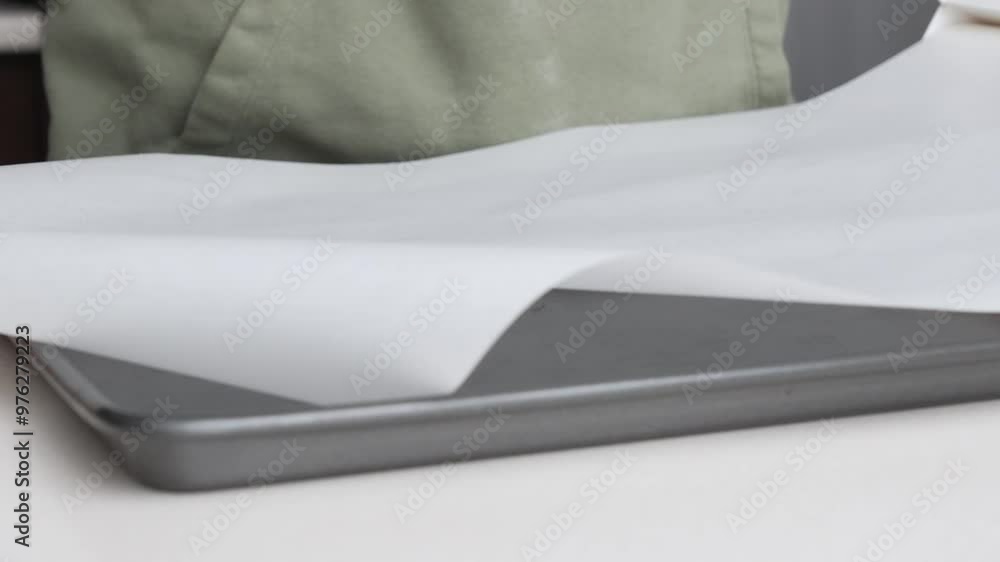 spreading parchment paper on cooking backing tray. Cooking traditional homemade Pizza. Backing at home. spreading parchment paper on cooking backing tray. Cooking traditional homemade Pizza. Backing at home.