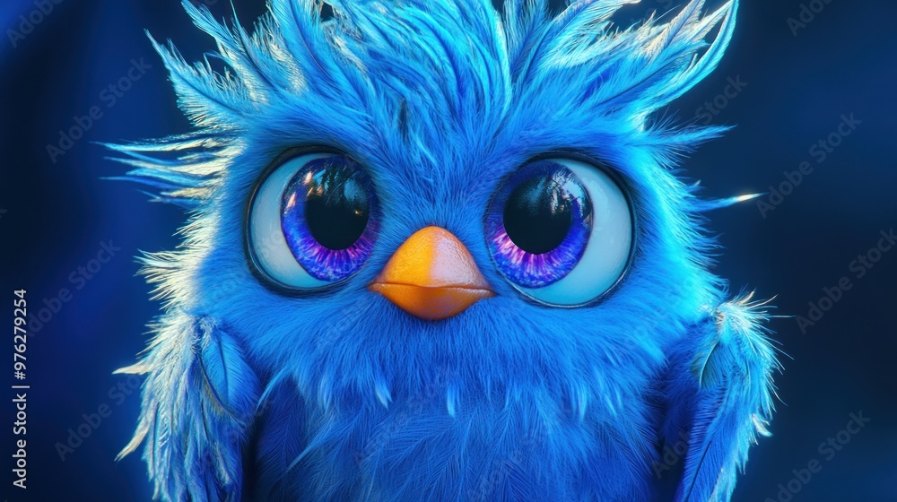 Fototapeta premium Fluffy blue chick with large eyes and yellow beak