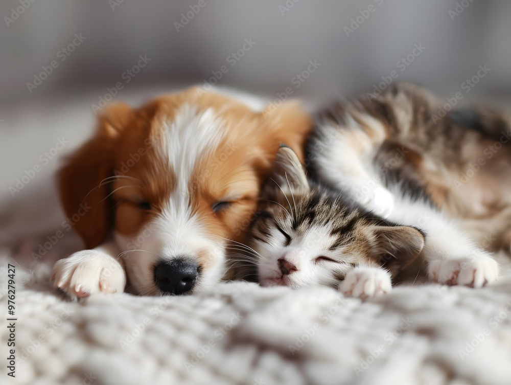 Adorable puppy and kitten lying together in a loving Adorable puppy and kitten lying together in a loving