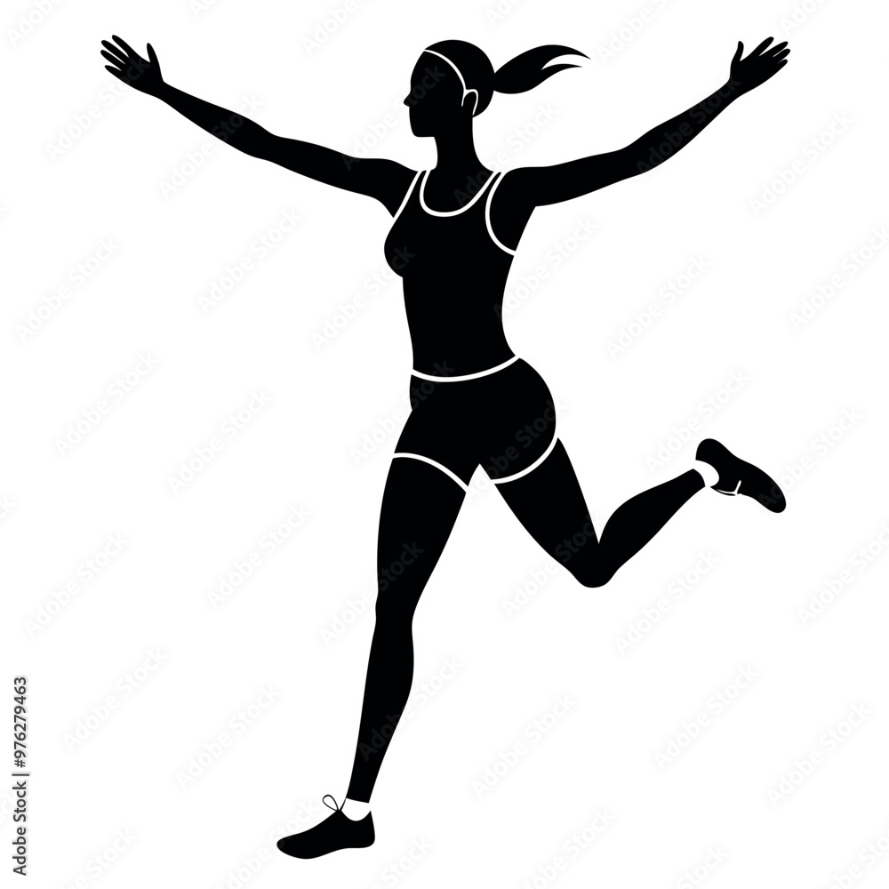 a woman running with her arms stretched out wide. She is wearing a sports bra and shorts, and her hair is tied back in a ponytail a woman running with her arms stretched out wide. She is wearing a sports bra and shorts, and her hair is tied back in a ponytail