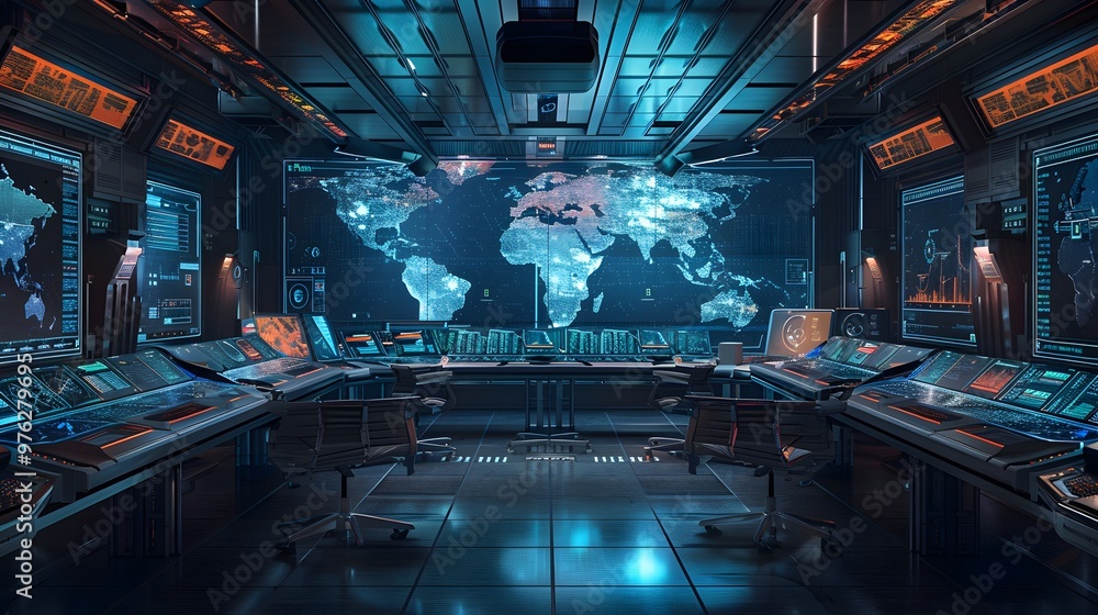 Advanced command center with holograms and world maps Advanced command center with holograms and world maps