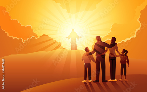 Vector illustration series of Christian family stands at the bottom of the hill, looking up at a shining silhouette of Jesus Christ on the hill. Followers, hope, devoted christians concept