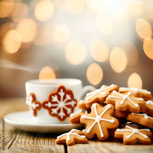 Christmas gingerbread cookies and cup of coffee on bokeh background. Christmas concept. New Year and Christmas greeting card template with copy space.