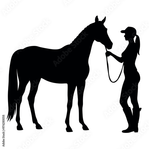 a woman standing next to a horse. The woman is holding the horse's reins and appears to be leading it