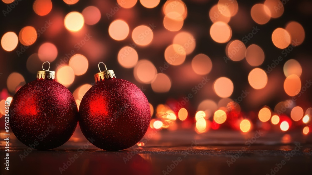 Two red Christmas balls on bokeh background with lights and copy space. Xmas and New Year greeting card holiday theme Two red Christmas balls on bokeh background with lights and copy space. Xmas and New Year greeting card holiday theme