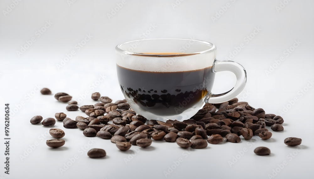 Fototapeta premium A cup of steaming hot coffee surrounded by coffee beans on a white background