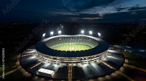 Night Aerial View of Illuminated Stadium with Green Field