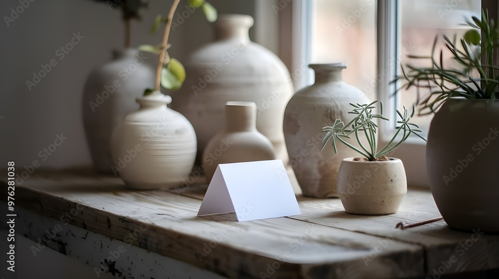Blank Card Mockup on Rustic Wooden Table with Vases and Greenery Blank Card Mockup on Rustic Wooden Table with Vases and Greenery