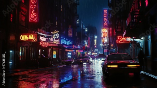 A rainy neon-lit city street at night with a car driving down the road.