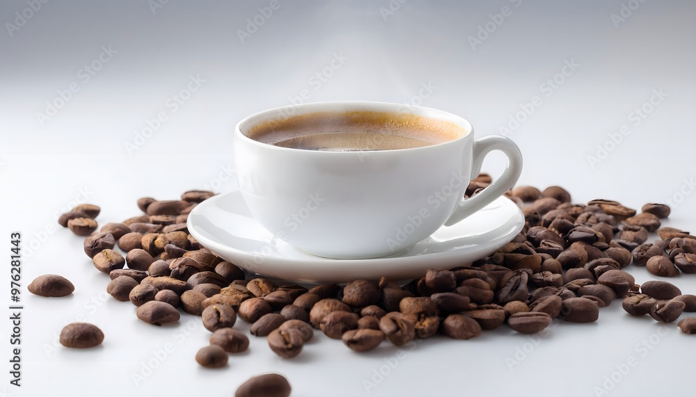 A cup of steaming hot coffee surrounded by coffee beans on a white background A cup of steaming hot coffee surrounded by coffee beans on a white background