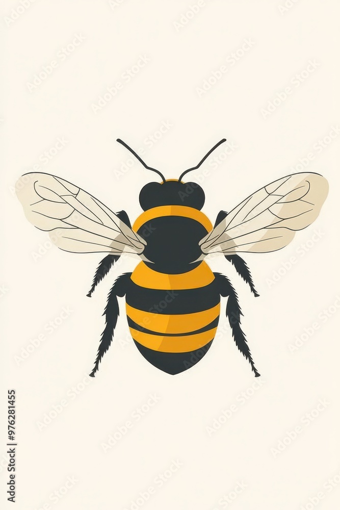 Simple flat illustration of an animated bee with detailed wings and bold stripes Simple flat illustration of an animated bee with detailed wings and bold stripes