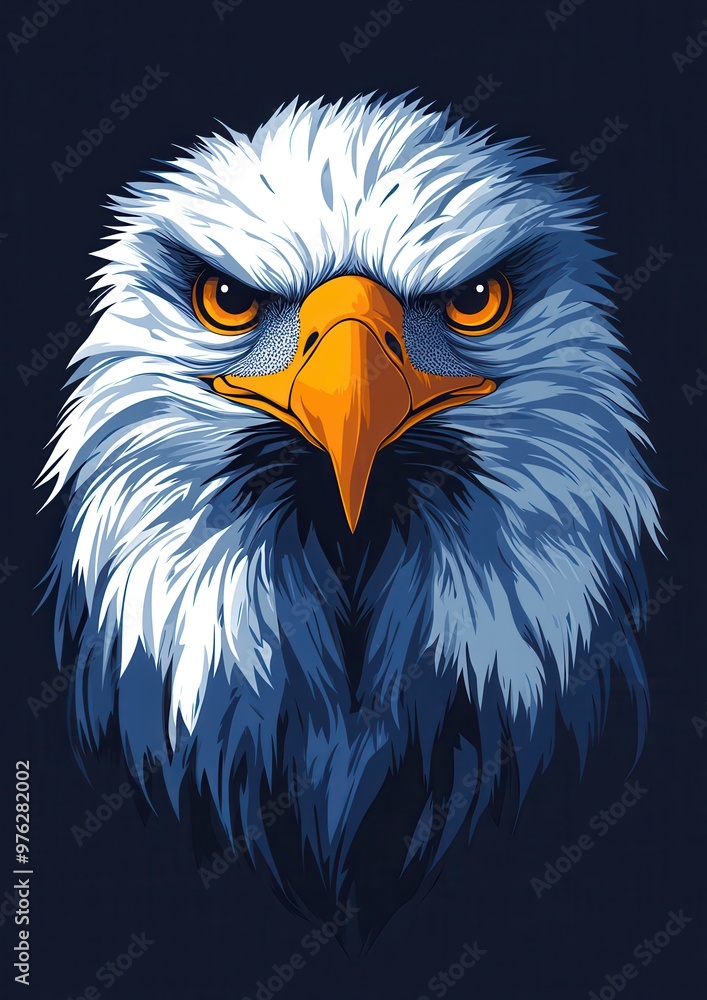 Obraz premium Majestic white eagle with blue feathers and piercing eyes in a vibrant flat illustration style