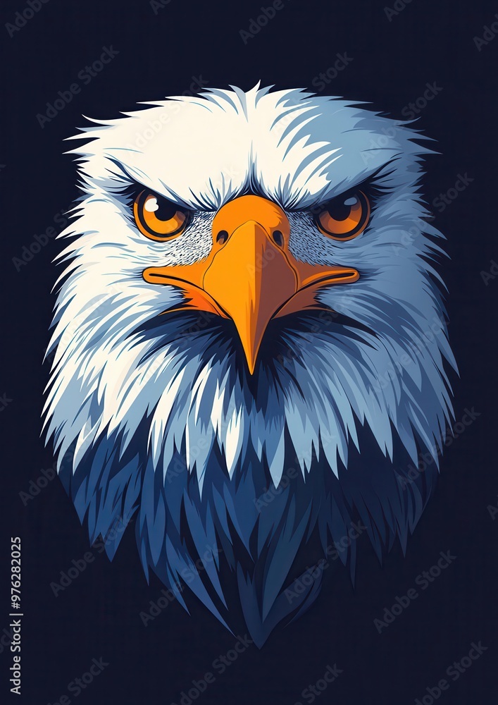 Fototapeta premium White eagle with striking blue feathers in a captivating flat illustration against a dark background, featuring intense gaze and vibrant orange beak