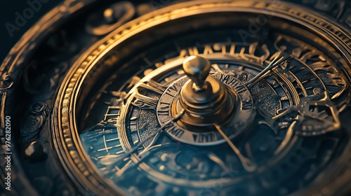 Close-up of an intricate, antique clock face with gears and Roman numerals.