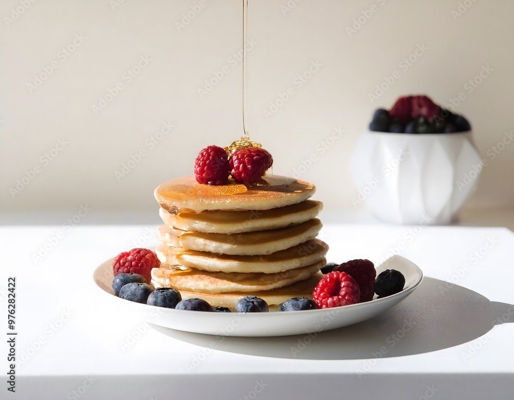 A delicious stack of pancakes with syrup and berries on a white background A delicious stack of pancakes with syrup and berries on a white background