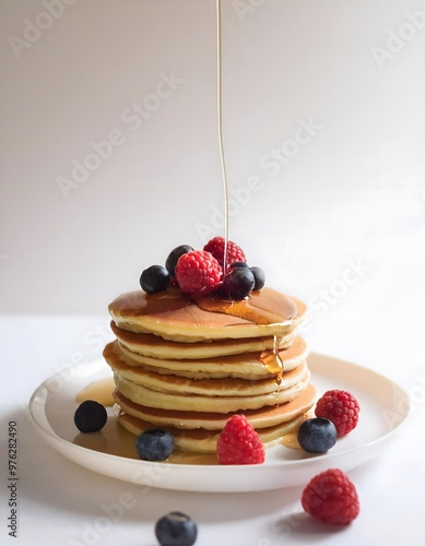 A delicious stack of pancakes with syrup and berries on a white background