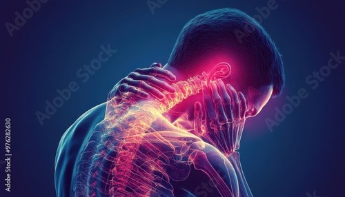 X-ray style illustration of a human body highlighting spine and neck pain with vibrant colors on a dark background