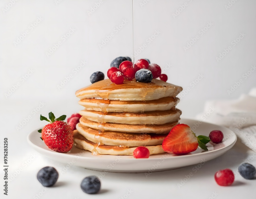 A delicious stack of pancakes with syrup and berries on a white background A delicious stack of pancakes with syrup and berries on a white background