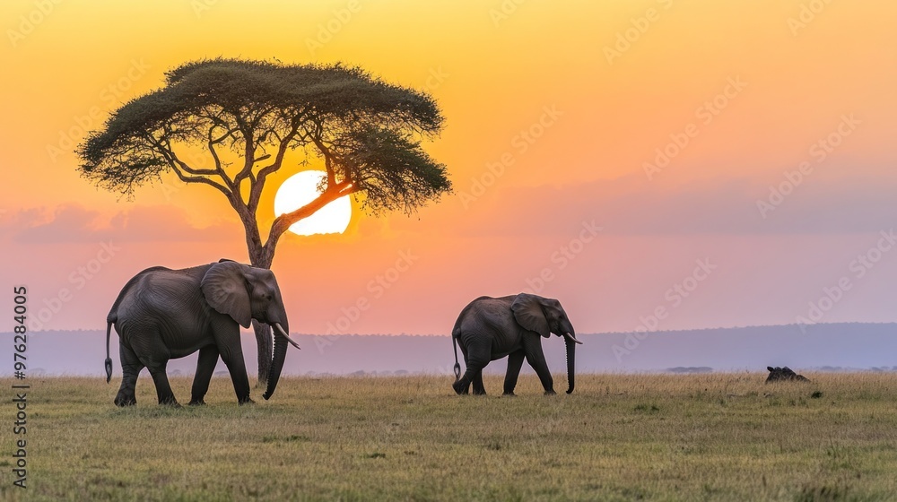 Fototapeta premium Two elephants walk across a savanna at sunset