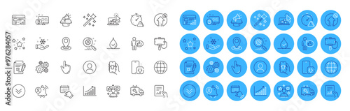 Megaphone, Loan percent and Document line icons pack. Online storage, User notification, Cogwheel web icon. Freezing, Graph chart, Cursor pictogram. Phone download, Magic wand, Waterproof. Vector