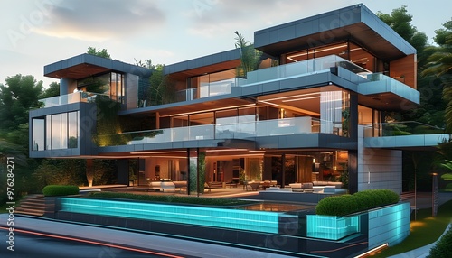 Innovative businessman presents digital hologram of a luxury house, highlighting upscale real estate opportunities photo