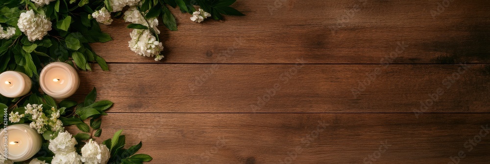 A serene wooden surface is adorned with lit candles and white flowers on the sides, creating a calm and peaceful ambiance, perfect for meditative or relaxing activities.