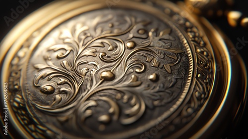 A close-up of an ornate pocket watch face with intricate floral engravings.