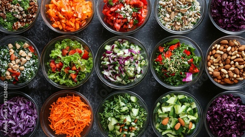 A top view of twelve glass bowls filled with various salads, vegetables, and nuts.