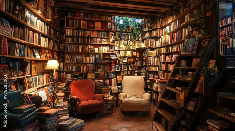 Cozy library with bookshelves full of books and two armchairs. Cozy library with bookshelves full of books and two armchairs.