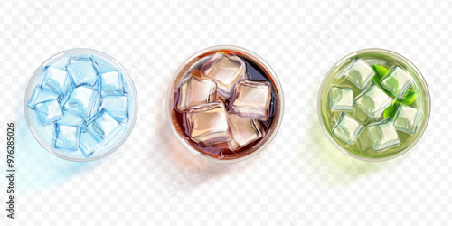 Ice drinks top view. Iced cubes in glasses of refreshment drinks, juice whiskey vodka alcohol cocktail shot cola cold tea restaurant bar concept realistic exact vector illustration