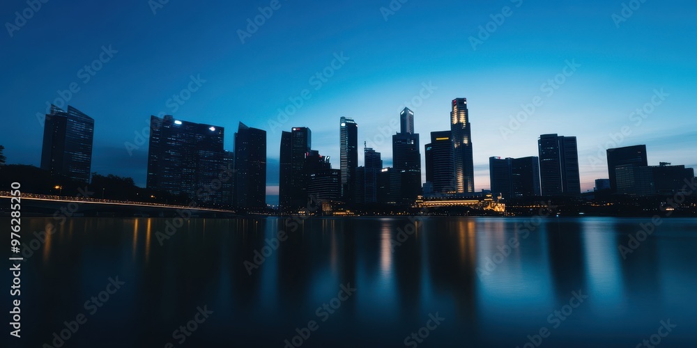 A serene city skyline with modern skyscrapers reflecting on a calm body of water during dusk, capturing the tranquility and beauty of an urban landscape transitioning to night. A serene city skyline with modern skyscrapers reflecting on a calm body of water during dusk, capturing the tranquility and beauty of an urban landscape transitioning to night.