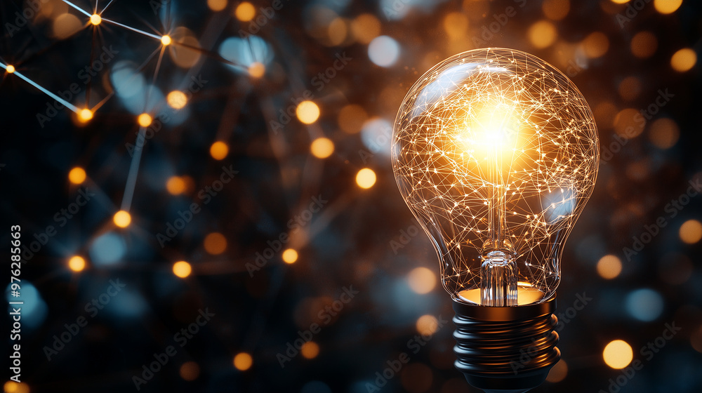 A glowing light bulb surrounded by a network of glowing lines and sparks, creating a futuristic and innovative atmosphere. Generative AI. A glowing light bulb surrounded by a network of glowing lines and sparks, creating a futuristic and innovative atmosphere. Generative AI.