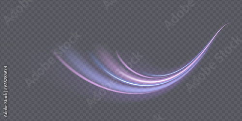 Light effect of high speed movement of light speed along a curved trajectory of bright blue-violet flickers. Dynamic movement of high speed light energy. Vector 